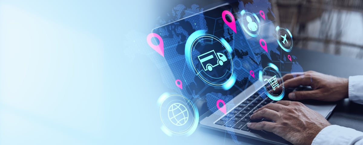 Hands typing on a laptop with logistics and delivery icons overlay representing security, GPS and telemetry technology