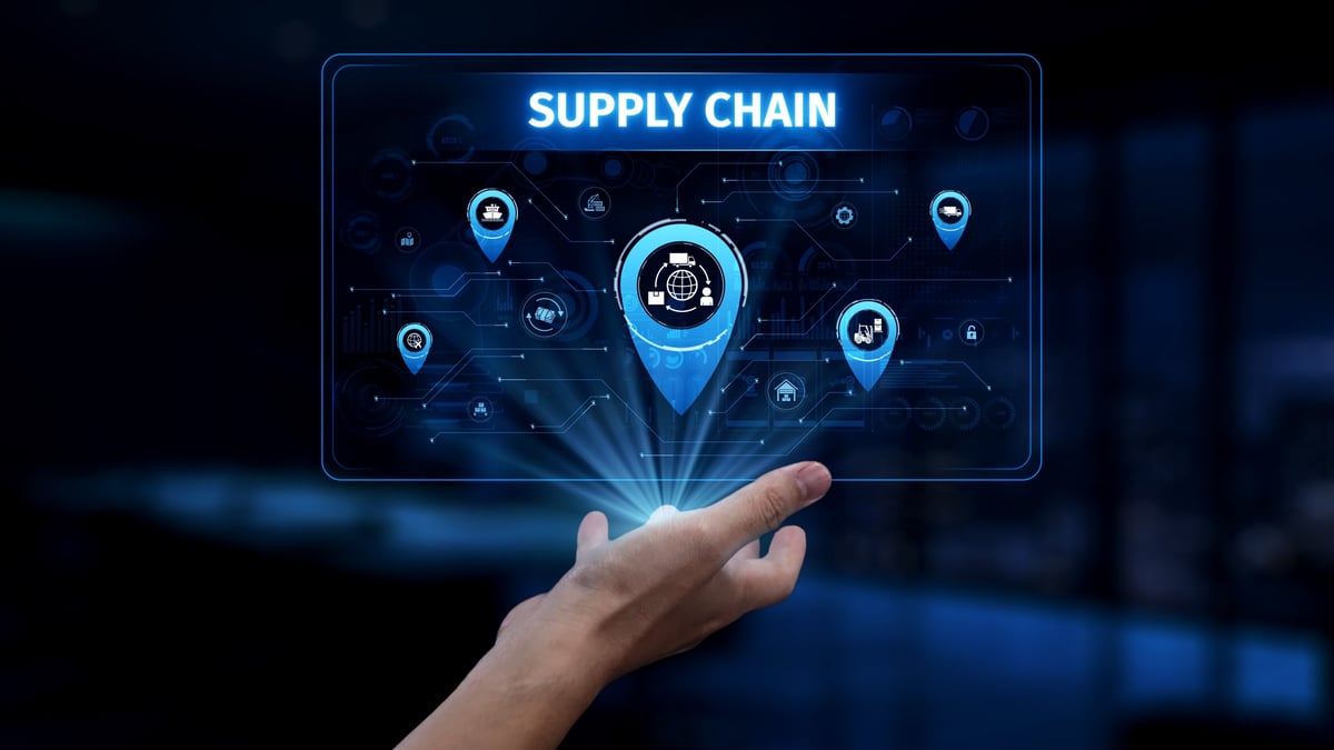 High-tech supply chain interface with a hand projecting digital elements, advanced logistics