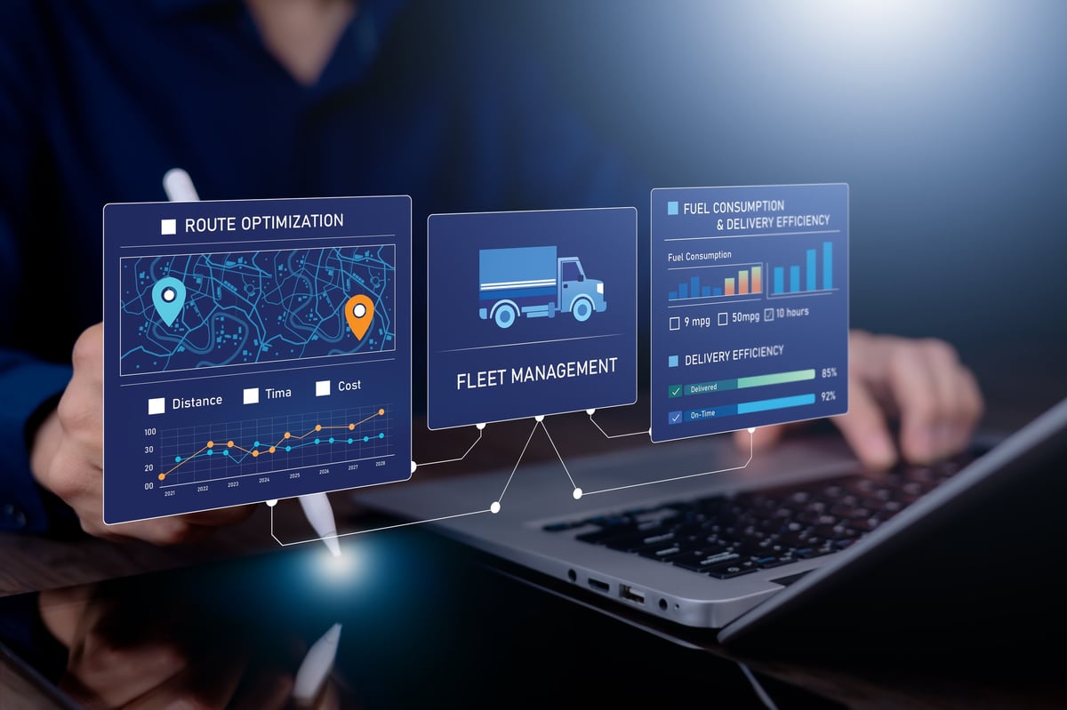 Business professional using a laptop with virtual logistics dashboard showing fleet management